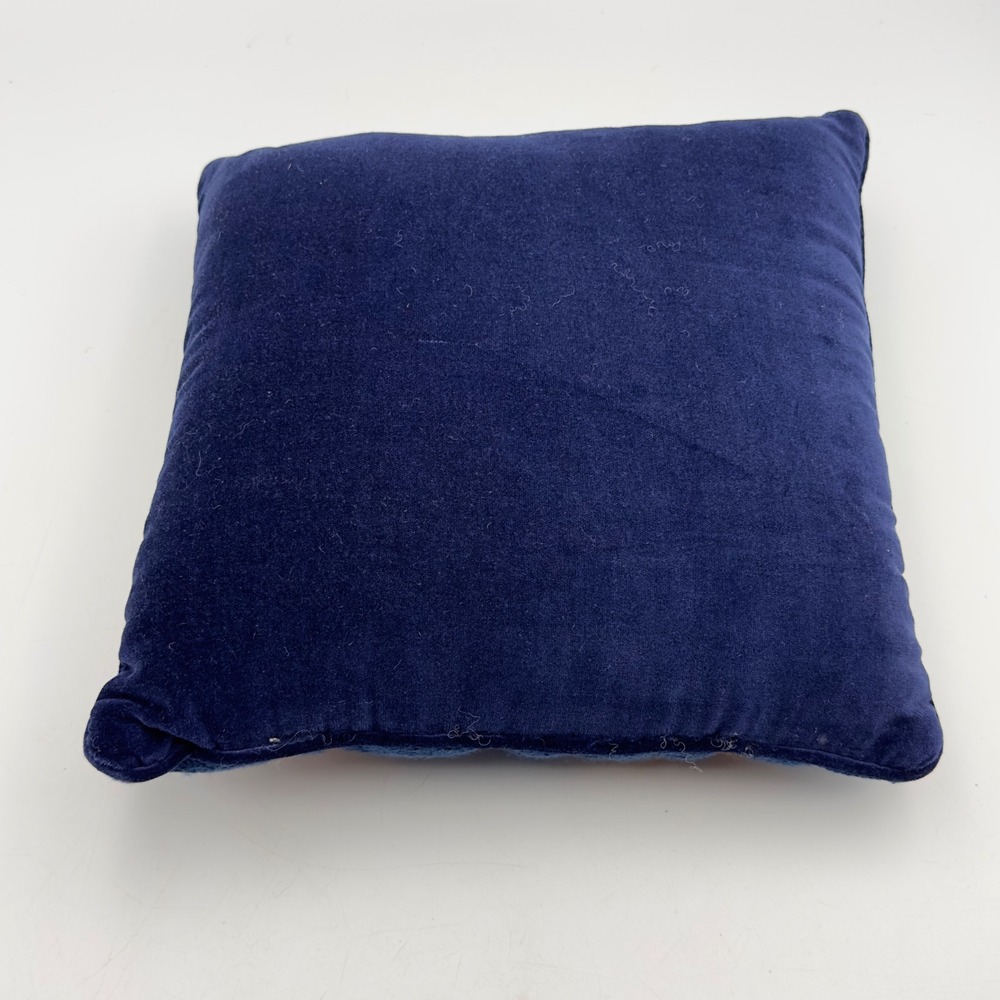 Vintage Needlepoint Teddy Bear Throw Pillow Navy Blue Velvet Plaid Scarf 11x11 - Picture 5 of 7